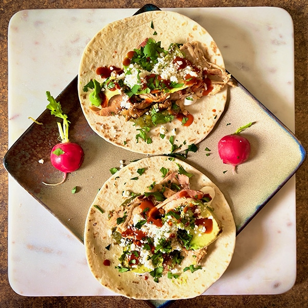 Ancho Chile Chicken Tacos with Roasted Tomatillo Salsa