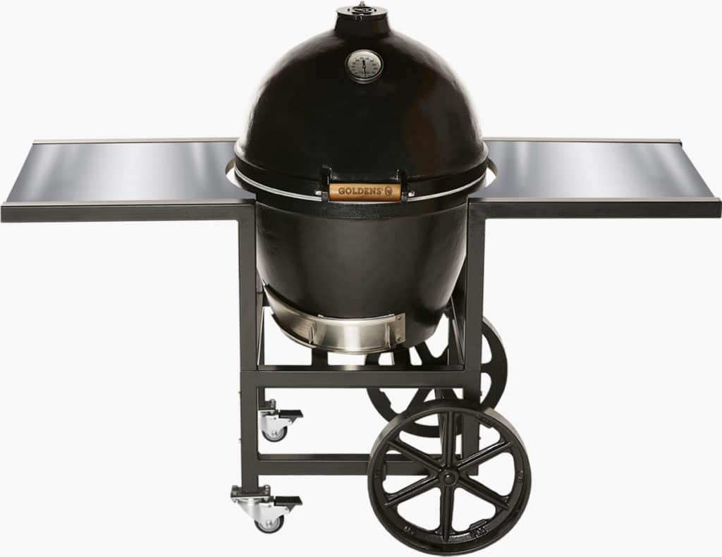 Goldens' Cast Iron Kamado Grill with Stainless Steel Tables and Casters