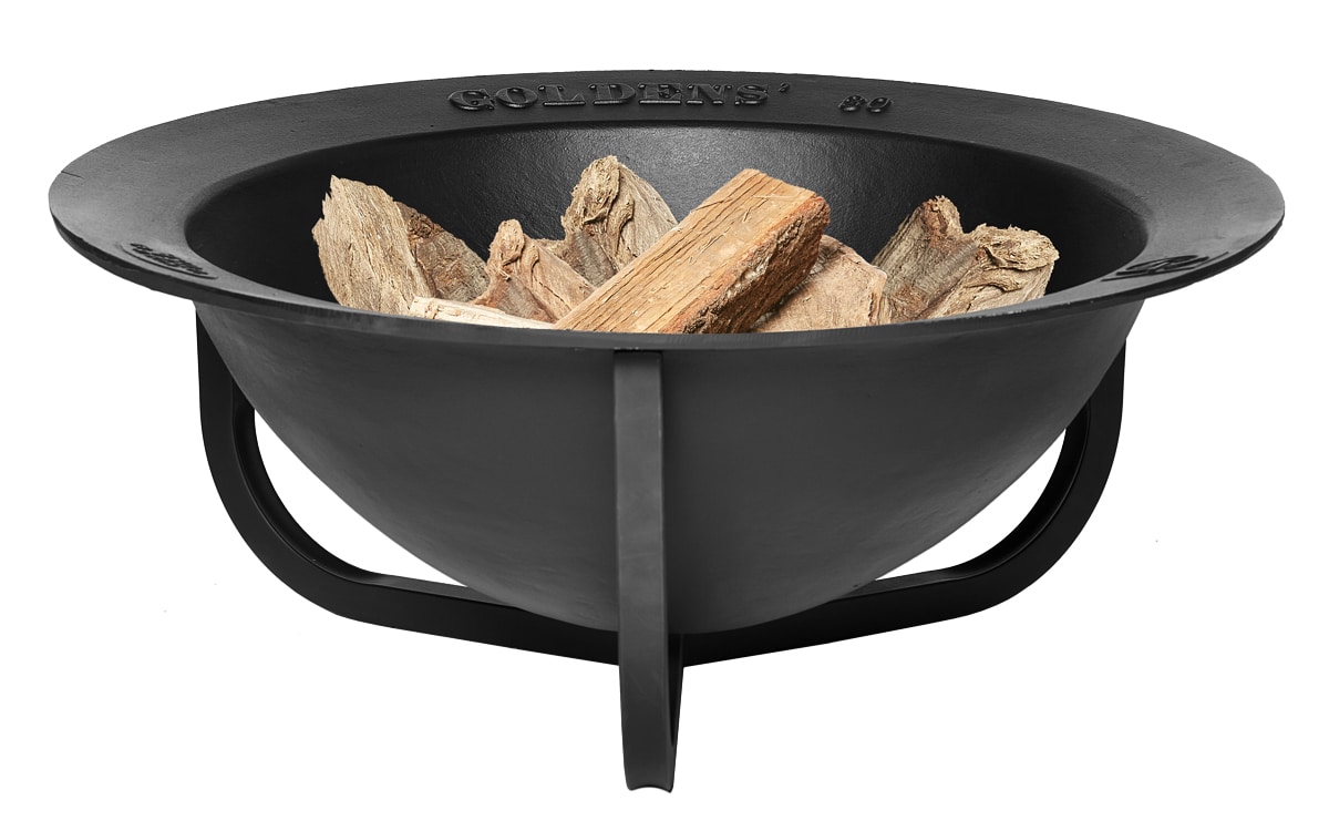 Goldens' Cast Iron 30 gallon Fire Pit with steel tri stand and wood