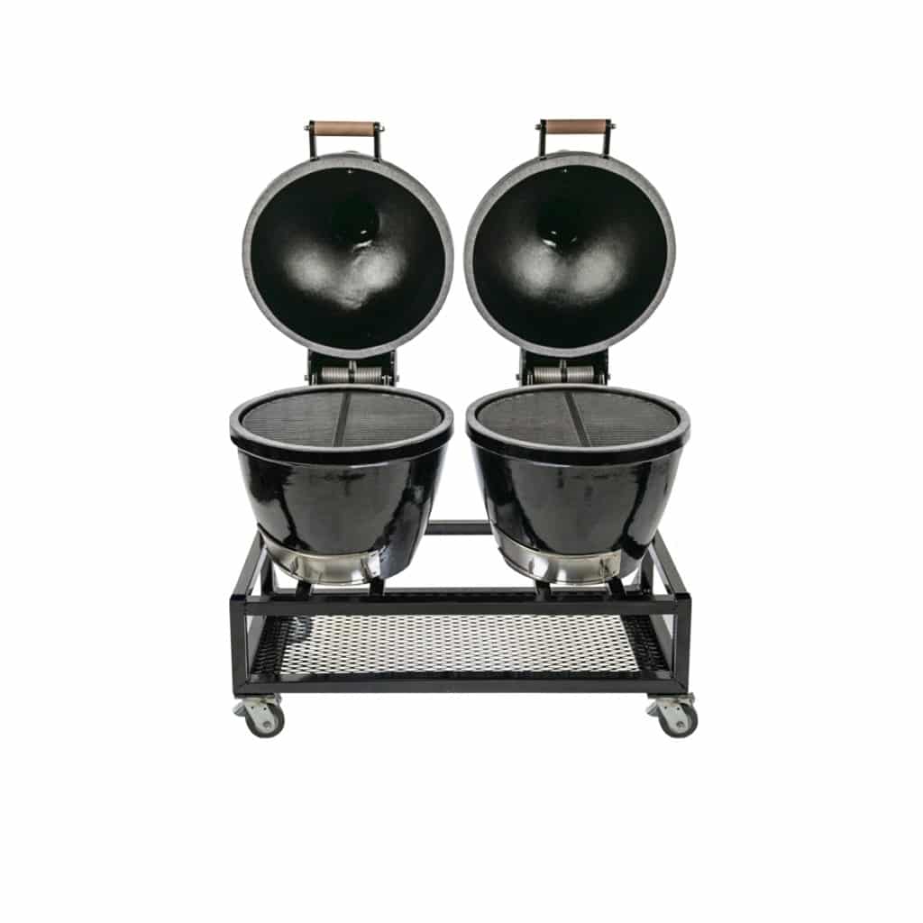 Double Cast Iron Kamado Cookers W Stainless Steel Shelving double-cast-iron-kamado-cookers-w-stainless-steel-shelving